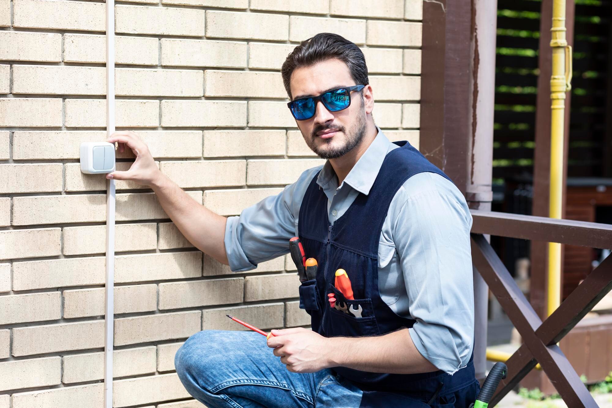 electrician installing outlet brick wall 1474568 84
